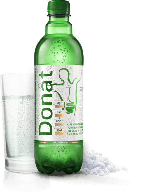 Donat Mg 1L natural mineral water bottle with a glass and magnesium crystals, high in magnesium, premium digestive support