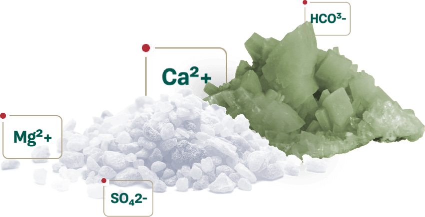 Mineral crystals showing magnesium (Mg²⁺), calcium (Ca²⁺), bicarbonates (HCO₃⁻), and sulphates (SO₄²⁻) — key minerals found in Donat Mg water